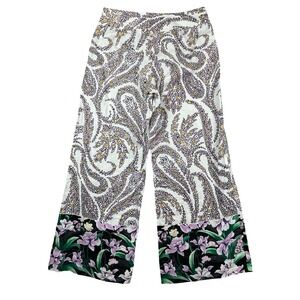 Tahari Linen Crop Pants Womens 12 Floral Paisley Wide Leg Ankle Lagenlook